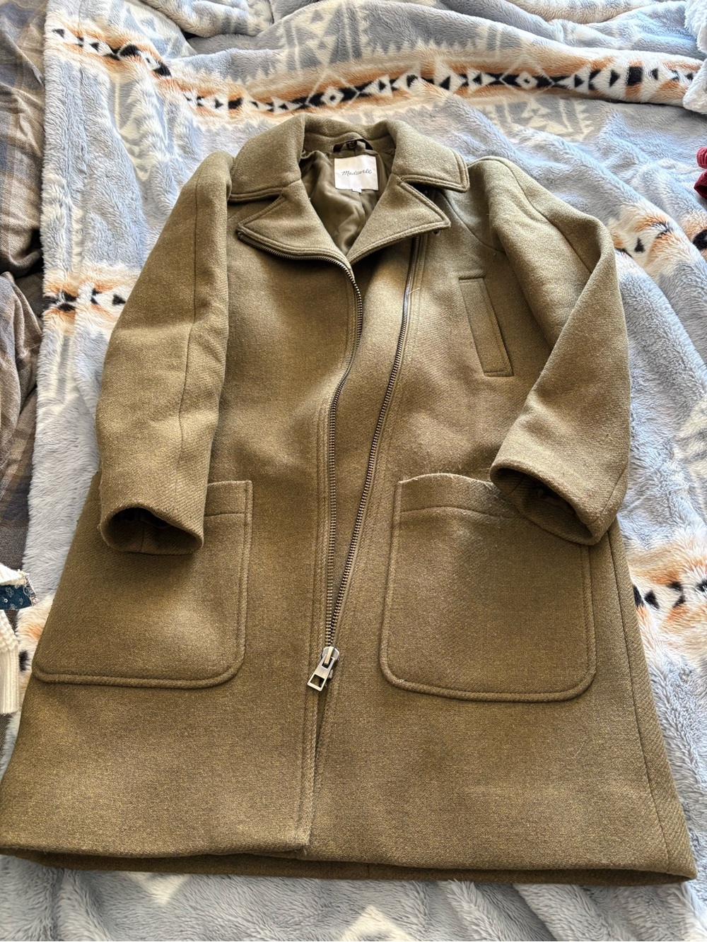 Madewell Olive Green Wool Zip-Front Pea Coat
